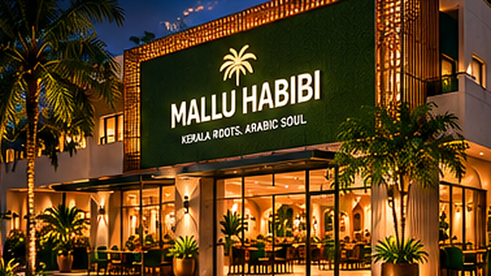 Mallu Habibi restaurant at dusk